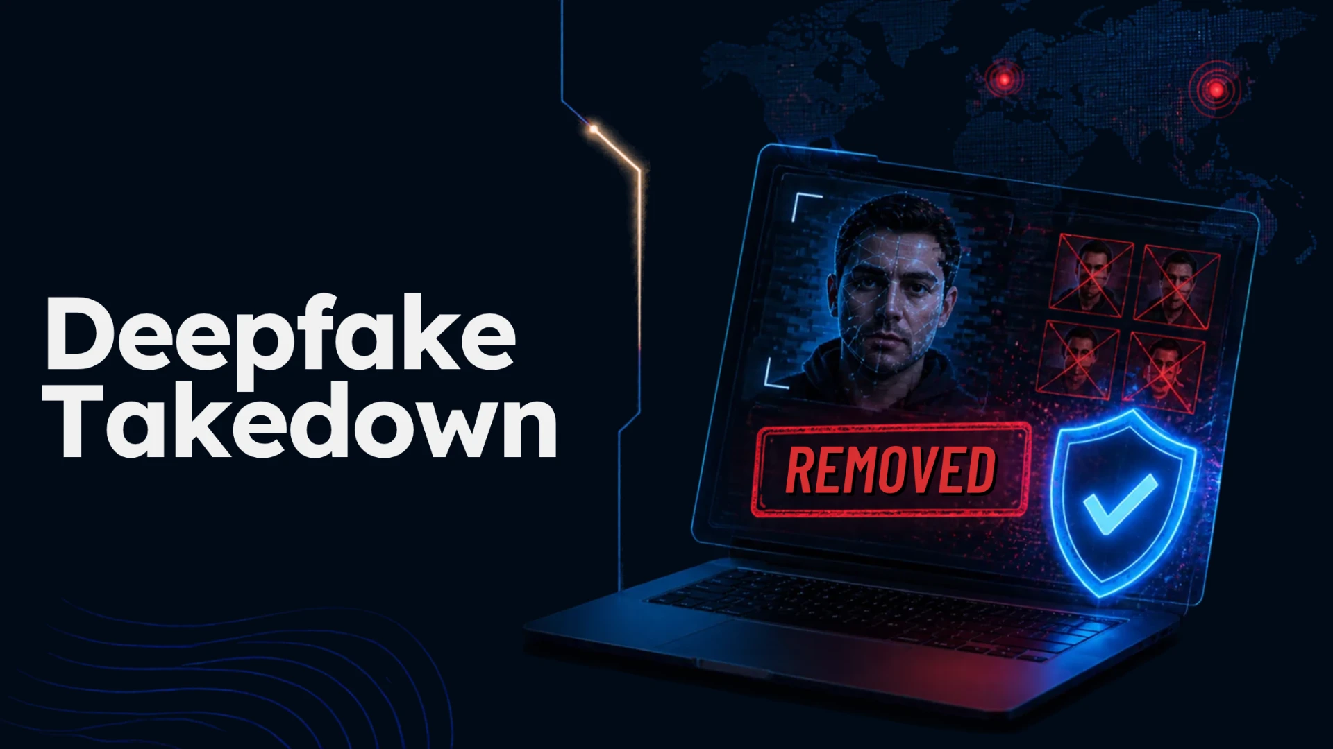 Laptop showing a deepfake face marked Removed, with impersonating profiles crossed out and a shield check icon